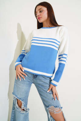 Çizgi Detaylı Triko Kazak İndigo - Thumbnail