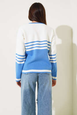 Çizgi Detaylı Triko Kazak İndigo - Thumbnail