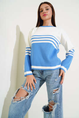 Çizgi Detaylı Triko Kazak İndigo - Thumbnail