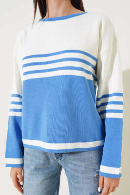 Çizgi Detaylı Triko Kazak İndigo - Thumbnail