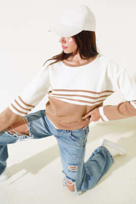 Çizgi Detaylı Triko Kazak Büsküvi - Thumbnail