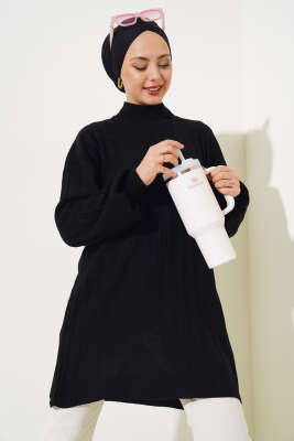 Fitilli Düşük Kol Triko Tunik Siyah - Thumbnail