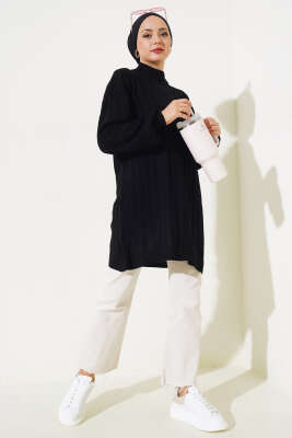 Fitilli Düşük Kol Triko Tunik Siyah - Thumbnail