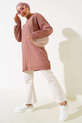 Fitilli Düşük Kol Triko Tunik Gül Kurusu - Thumbnail