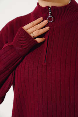 Yaka Fermuarlı Düşük Omuz Triko Tunik Bordo - Thumbnail