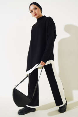 Asimetrik Kesim Şeritli Triko İkili Takım Siyah - Thumbnail