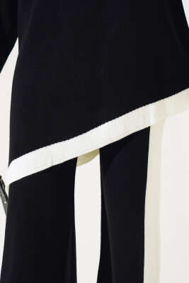 Asimetrik Kesim Şeritli Triko İkili Takım Siyah - Thumbnail