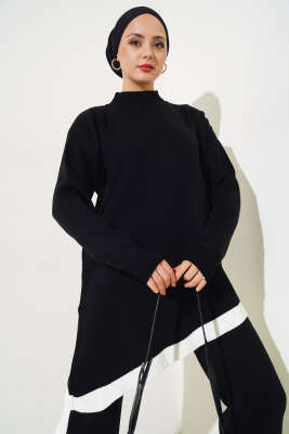 Asimetrik Kesim Şeritli Triko İkili Takım Siyah - Thumbnail