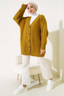 Önden Düğmeli Örgü Hırka Yağ Yeşili - Thumbnail