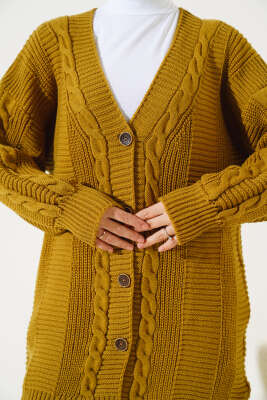 Önden Düğmeli Örgü Hırka Yağ Yeşili - Thumbnail