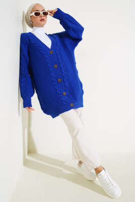 Önden Düğmeli Örgü Hırka Saks - Thumbnail