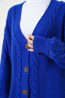 Önden Düğmeli Örgü Hırka Saks - Thumbnail