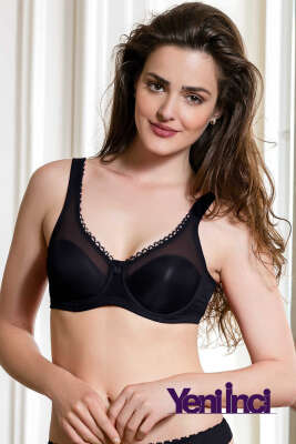 Pazarium - Yeni İnci Balenli Transparan Detaylı Toparlayıcı Sütyen C Siyah