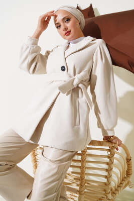 Pazarium - Balon Kol Kısa Kaşe Kaban Ekru