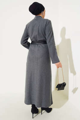 Deri Kuşaklı Fitilli Elbise Füme - Thumbnail