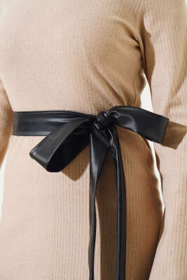 Deri Kuşaklı Fitilli Elbise Bej - Thumbnail