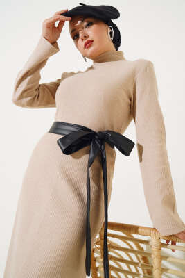 Deri Kuşaklı Fitilli Elbise Bej - Thumbnail