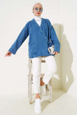 Yan Bağlamalı Kot Ceket Kot Mavisi - Thumbnail