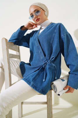 Pazarium - Yan Bağlamalı Kot Ceket Kot Mavisi