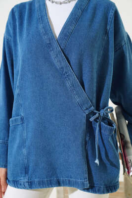 Yan Bağlamalı Kot Ceket Kot Mavisi - Thumbnail