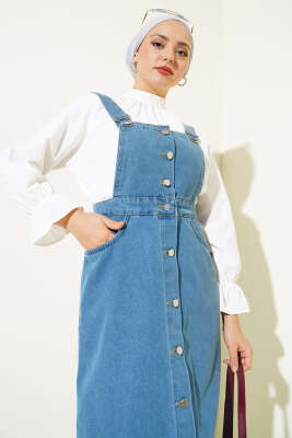 Püsküllü Boydan Düğmeli Kot Slopet Açık Mavi - Thumbnail