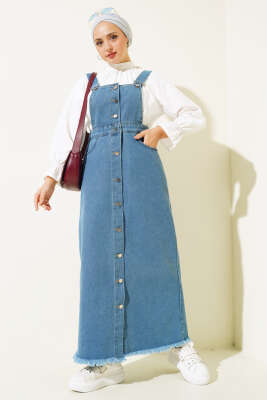 Püsküllü Boydan Düğmeli Kot Slopet Açık Mavi - Thumbnail