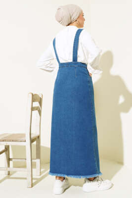 Püsküllü Boydan Düğmeli Kot Slopet Mavi - Thumbnail