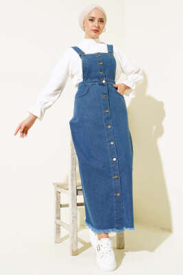 Püsküllü Boydan Düğmeli Kot Slopet Mavi - Thumbnail