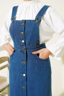 Püsküllü Boydan Düğmeli Kot Slopet Mavi - Thumbnail