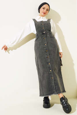 Püsküllü Boydan Düğmeli Kot Slopet Füme - Thumbnail