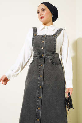 Püsküllü Boydan Düğmeli Kot Slopet Füme - Thumbnail