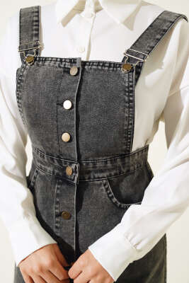 Püsküllü Boydan Düğmeli Kot Slopet Füme - Thumbnail