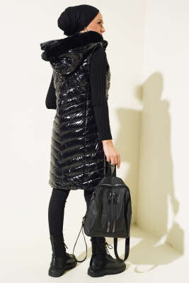 Parlak Kapüşonlu Şişme Yelek Siyah - Thumbnail