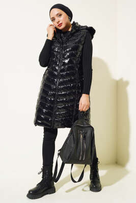 Parlak Kapüşonlu Şişme Yelek Siyah - Thumbnail