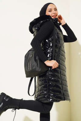 Parlak Kapüşonlu Şişme Yelek Siyah - Thumbnail