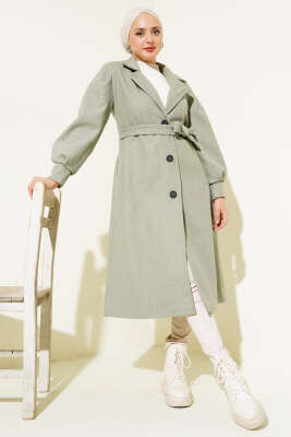 Pazarium - Balon Kollu Uzun Model Fıstık Yeşili Kaşe Kaban