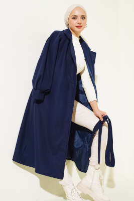 Pazarium - Balon Kollu Uzun Model Lacivert Kaşe Kaban