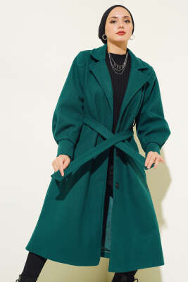 Pazarium - Balon Kollu Uzun Model Zümrüt Kaşe Kaban