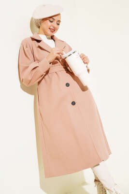 Pazarium - Balon Kollu Uzun Model Pudra Kaşe Kaban