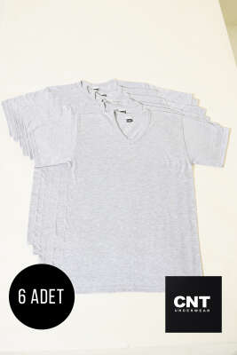 CNT 6'lı Erkek V Yaka Kısa Kol Fanila Melanj Gri - Thumbnail