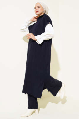 Fitilli Yakası Yarım Fermuarlı Triko Takım Lacivert - Thumbnail