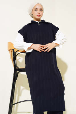 Fitilli Yakası Yarım Fermuarlı Triko Takım Lacivert - Thumbnail