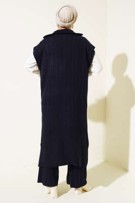 Fitilli Yakası Yarım Fermuarlı Triko Takım Lacivert - Thumbnail