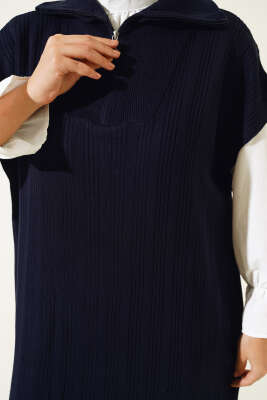 Fitilli Yakası Yarım Fermuarlı Triko Takım Lacivert - Thumbnail