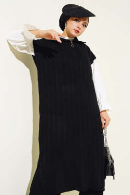 Fitilli Yakası Yarım Fermuarlı Triko Takım Siyah - Thumbnail