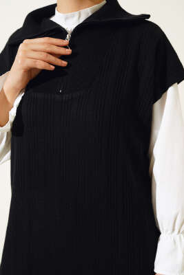 Fitilli Yakası Yarım Fermuarlı Triko Takım Siyah - Thumbnail