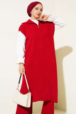 Fitilli Yakası Yarım Fermuarlı Triko Takım Kırmızı - Thumbnail