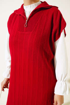 Fitilli Yakası Yarım Fermuarlı Triko Takım Kırmızı - Thumbnail