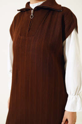 Fitilli Yakası Yarım Fermuarlı Triko Takım Kahve - Thumbnail