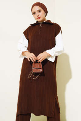 Fitilli Yakası Yarım Fermuarlı Triko Takım Kahve - Thumbnail